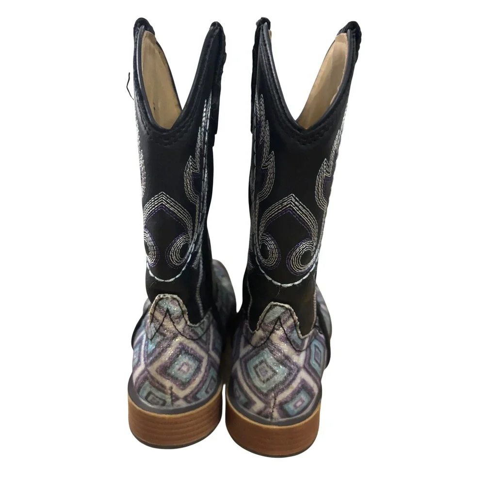 Roper Cowboy Boots 11 Cattle Kids Black Purple Glitter Geometric Western